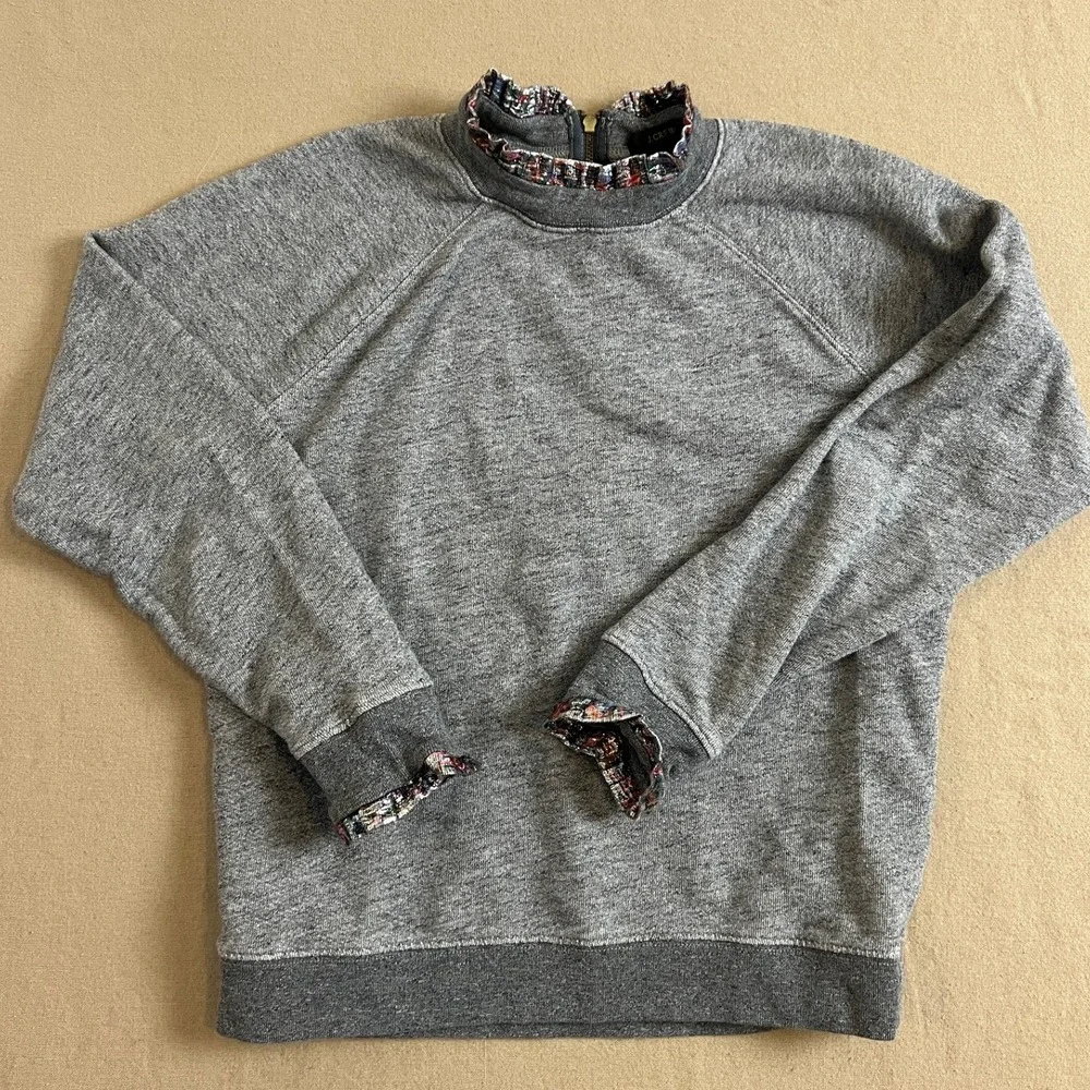 J.Crew Grey Raglan Sweatshirt Metallic Ruffle Trim Back Zip Heathered Top